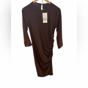 Zara Ruched Long Sleeve midi Dress size M‎
